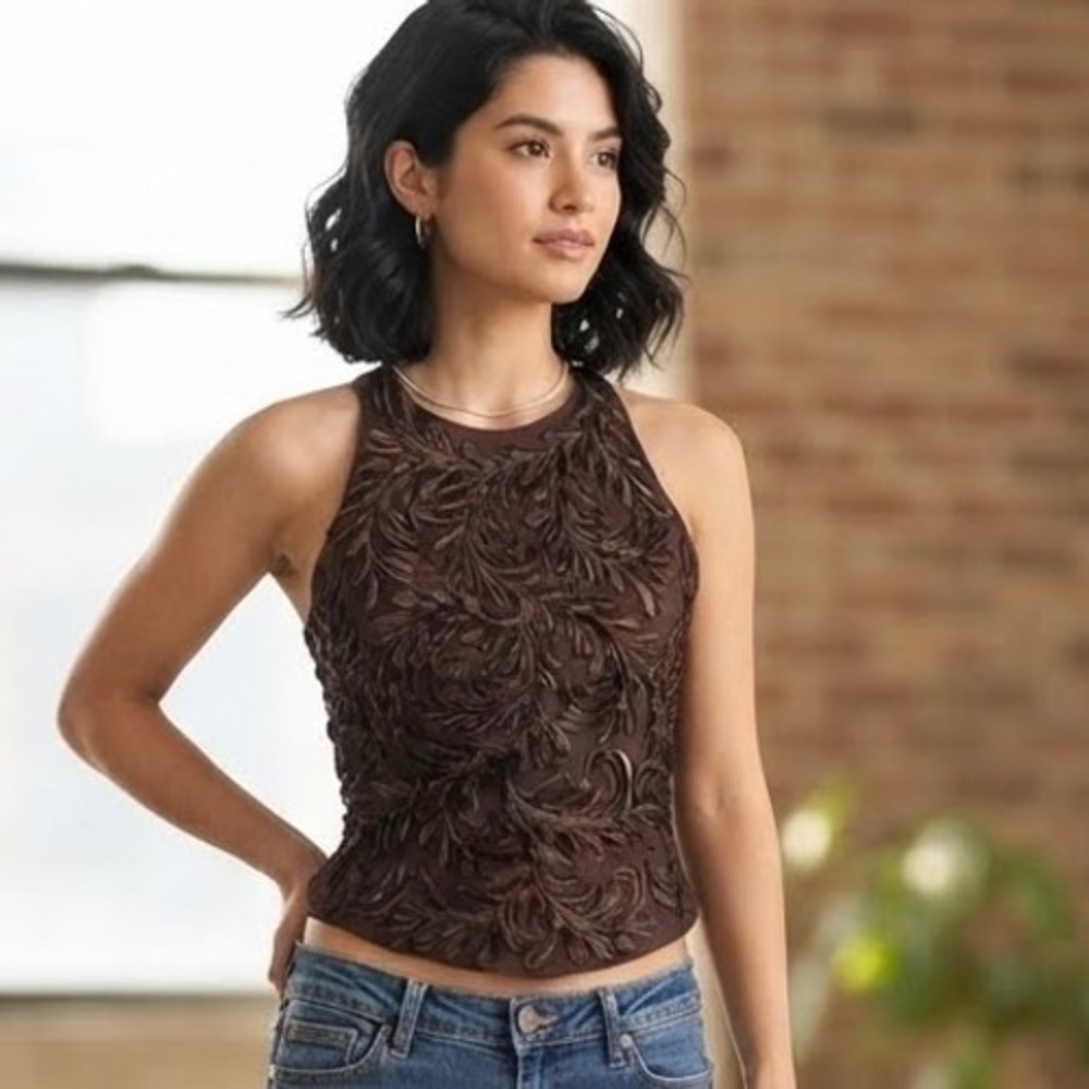 Cache Vintage 90s Y2K Brown Soutache Embroidered Halter Top Size XS High Neck